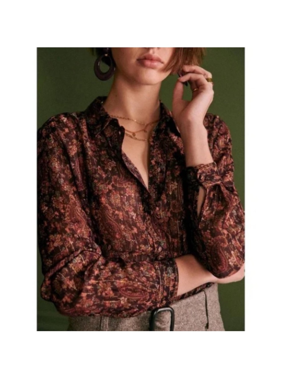 Sezane Ann Blouse in Folk Bordeaux Semi Sheer Burgundy Floral Gold Threading 32